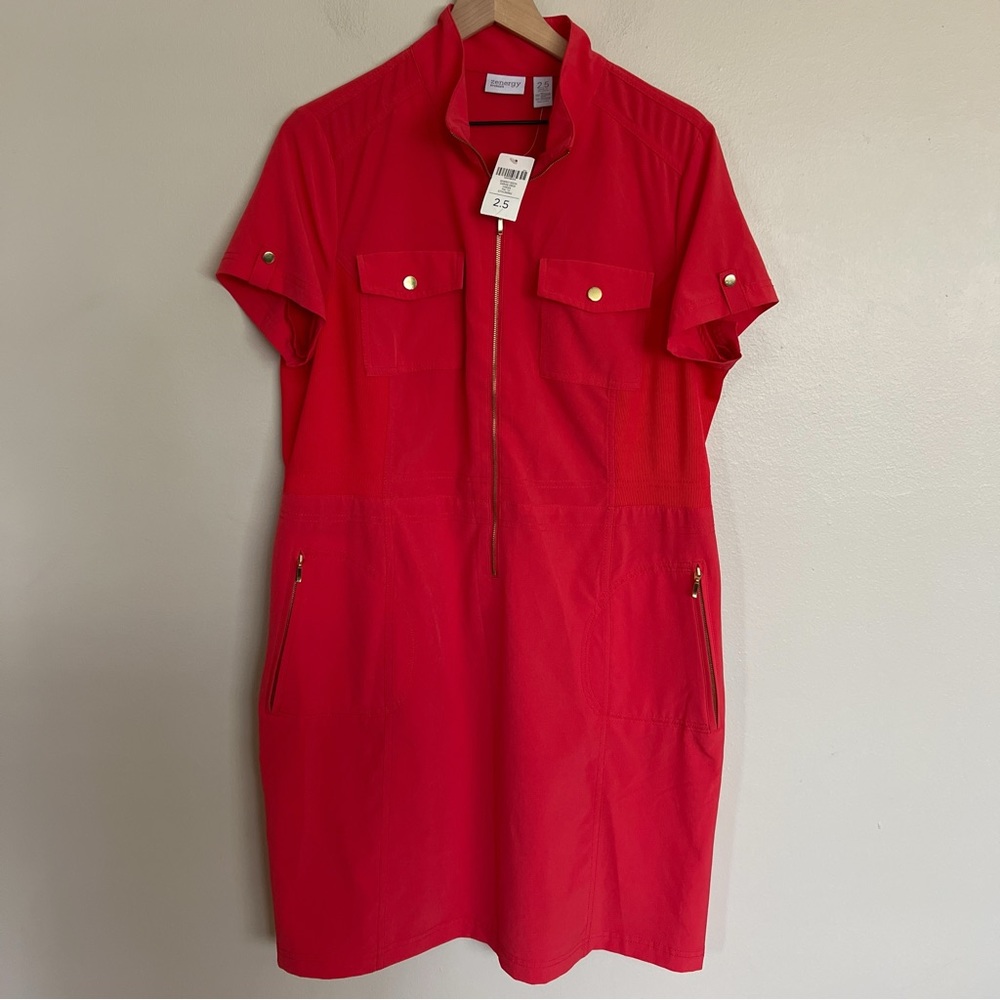 Chicos Zenergy Active Half Zip Utility Pocket Dress size Large 2.5 Coral Stretch